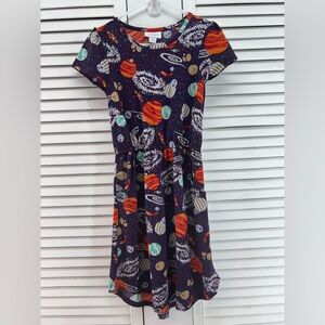 LuLaRoe Kids space Mae Dress  size 8 dark purple with Orange and White Planets